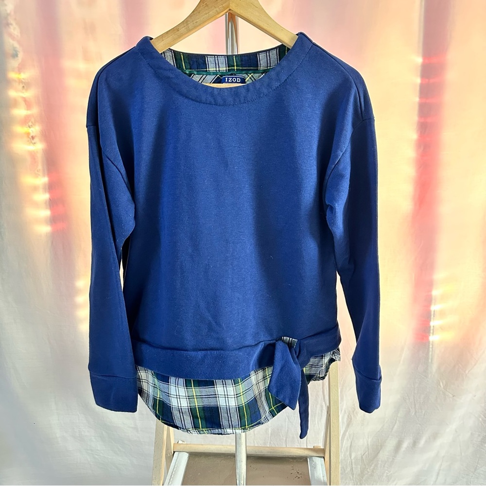 Izod Blue Sweatshirt with Plaid Shirt Tail Size Medium